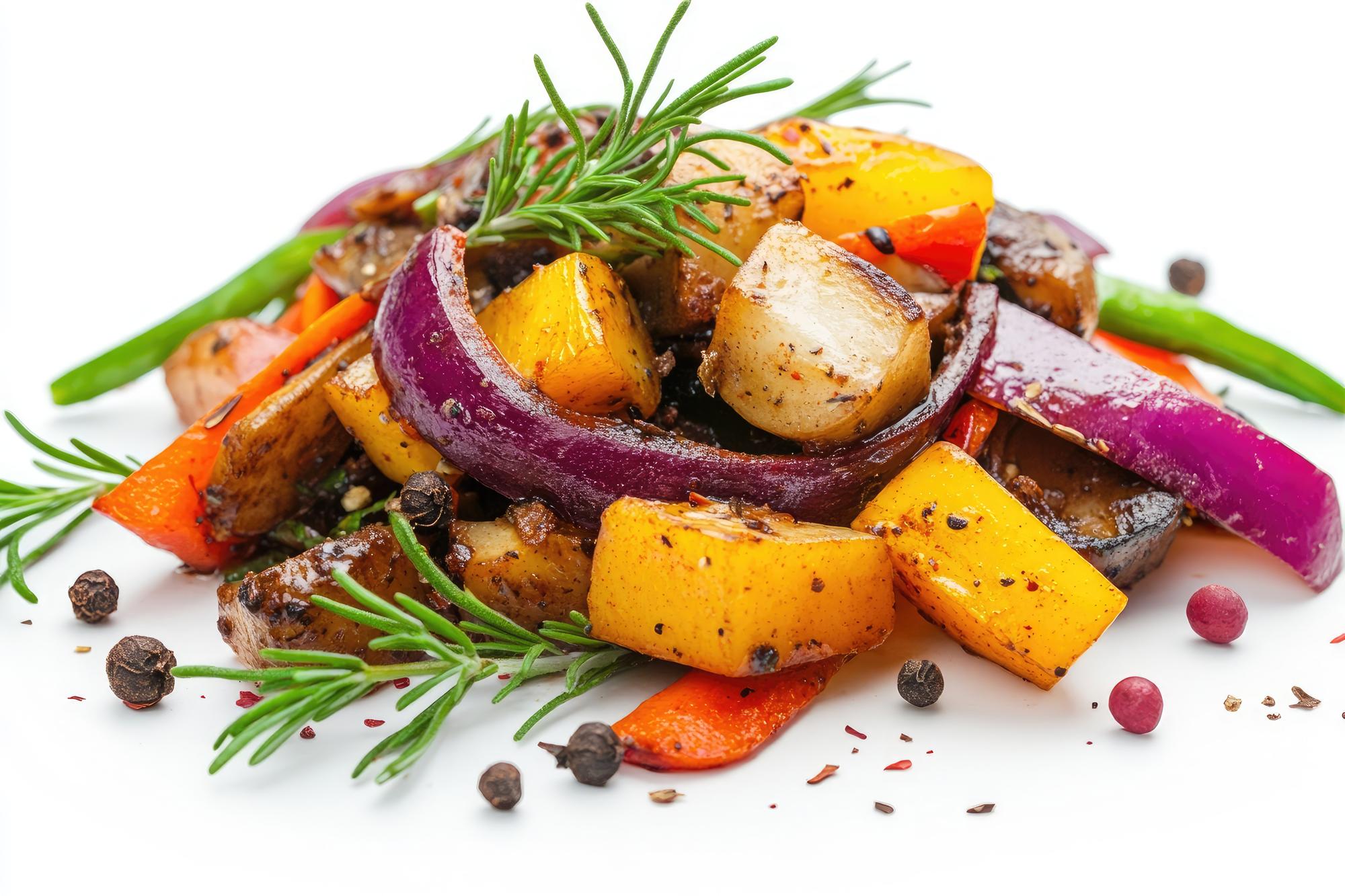 Close-up of roasted vegetables and herbs